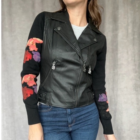Desigual Jackets & Blazers - Desigual Moto Jacket 42 Black Floral Knit Sleeve Mixed Media Biker